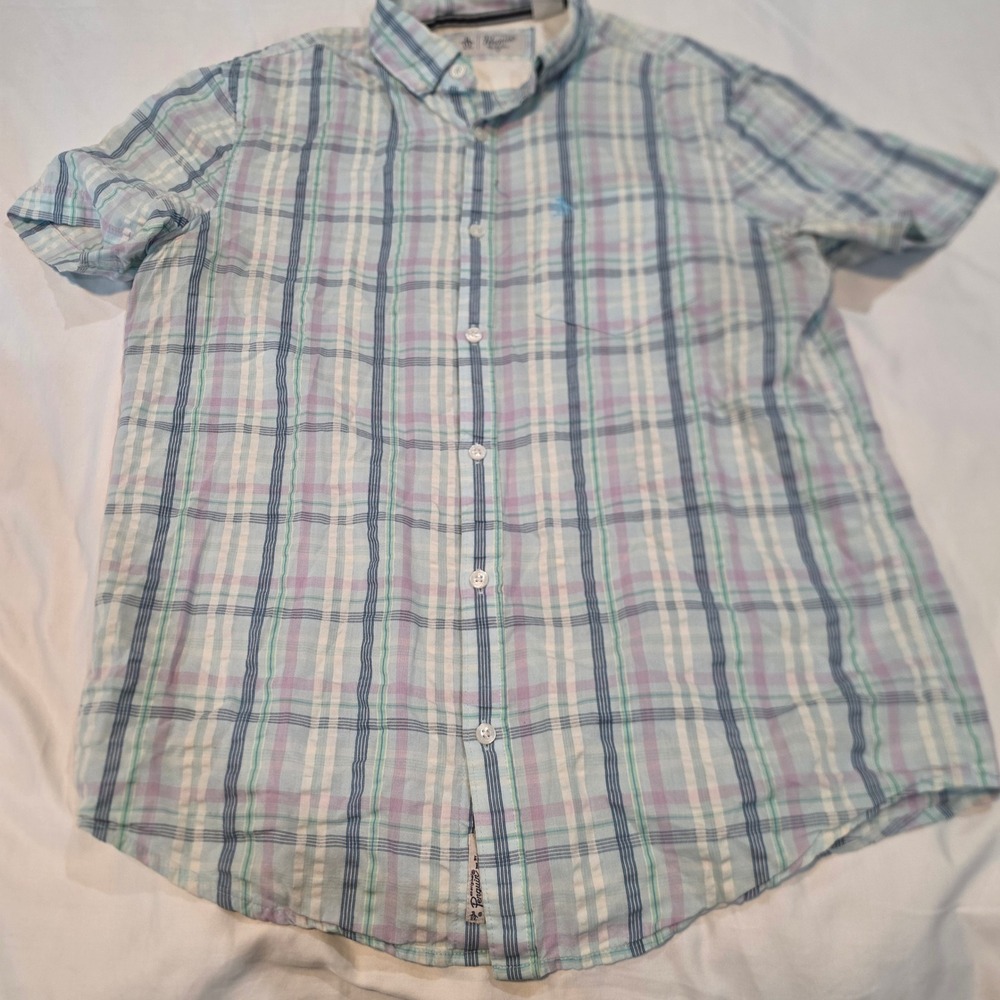 Original Penguin Short Sleeve Shirt Mens Medium Blue Plaid Excellent Button Down